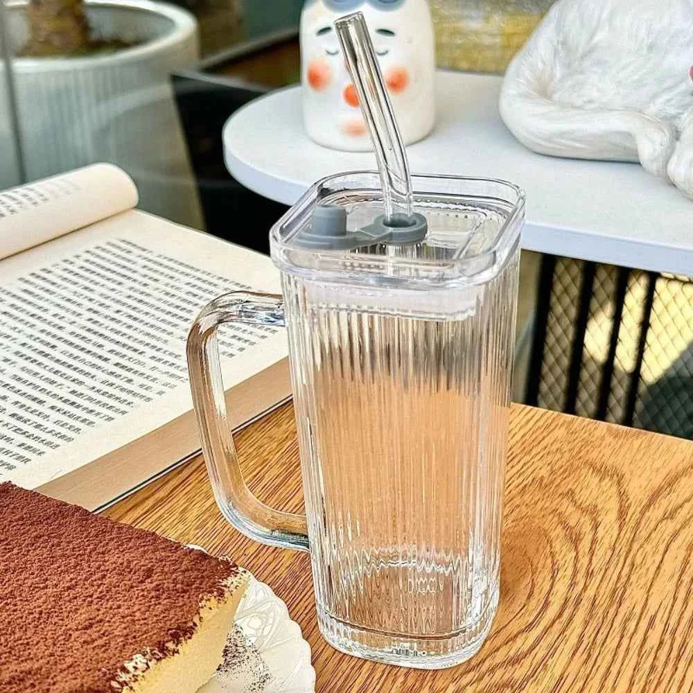 Stylish Square Glass Mug with Straw
