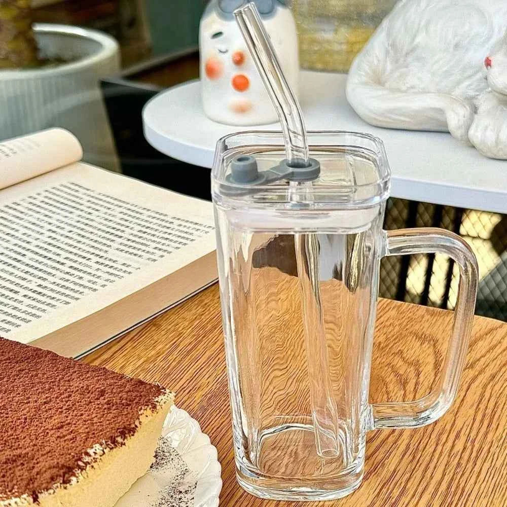 Stylish Square Glass Mug with Straw